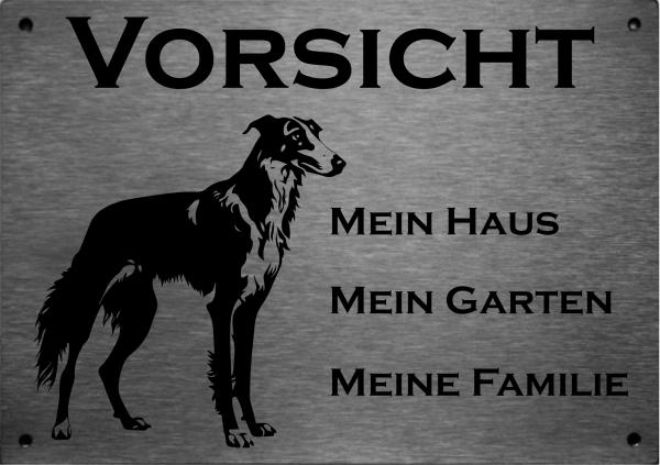 Edelstahl Warnschild Barsoi Borzoi VORSICHT Mein Haus mein Garten meine Familie